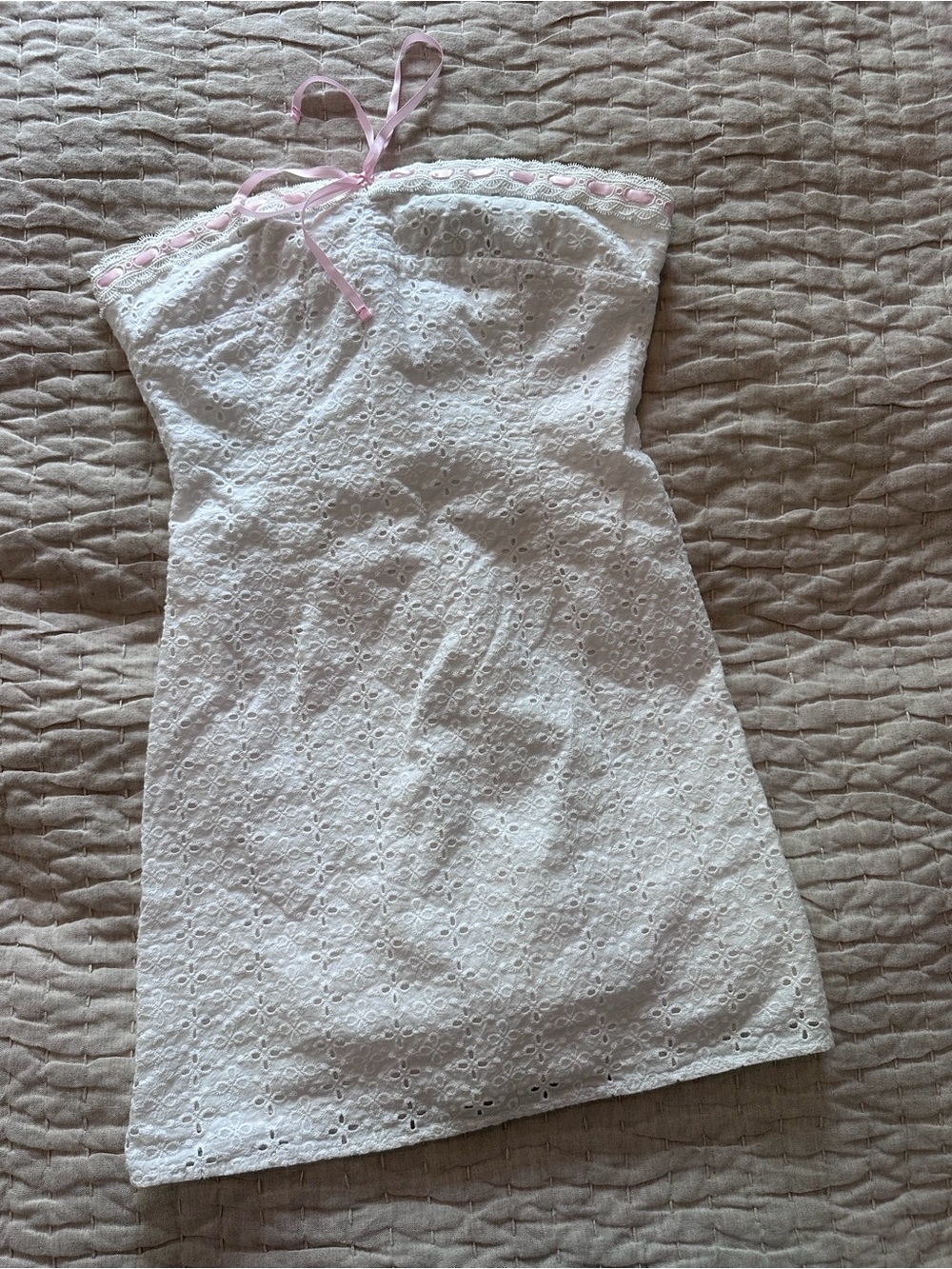 White Fox white Eyelet Strapless Sundress with Pink Trim